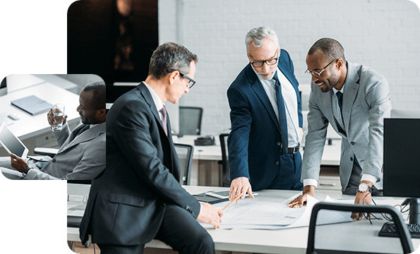 Right: 3 businessmen looking at business plans, Left: Businessman sitting with iPad
