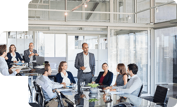Right: Business people in meeting, Left: Zoomed in portrait of business people in meeting
